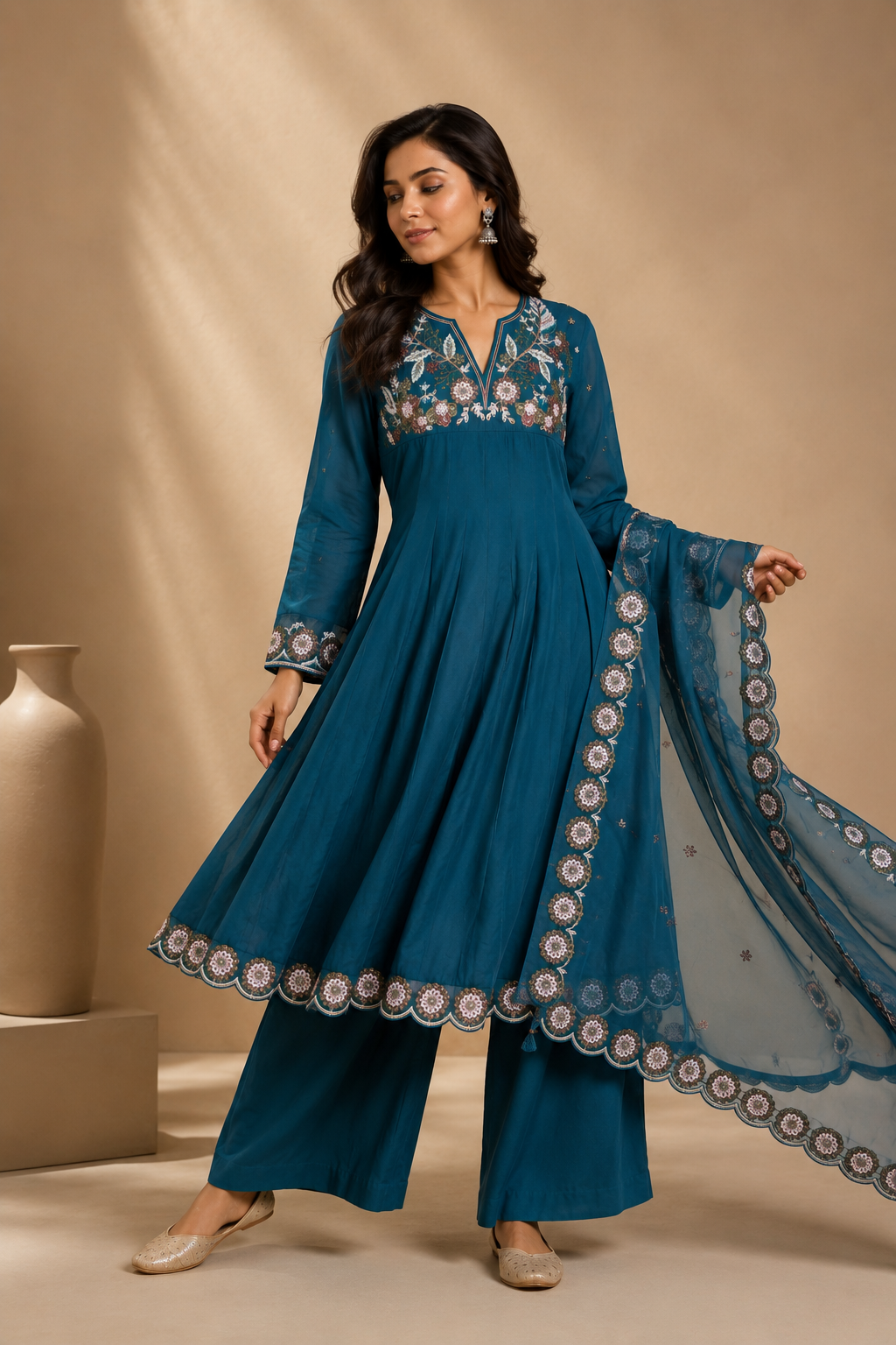Teal Floral Embroidered Long Kurti Palazzo Set with Dupatta