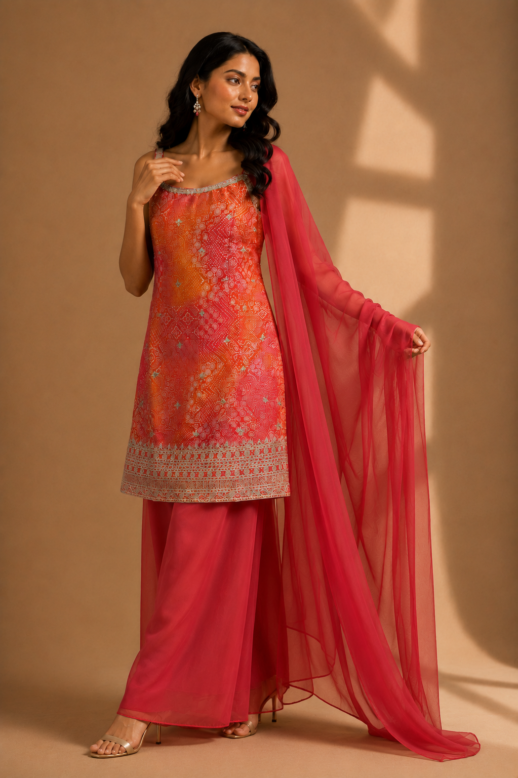 Coral Orange & Pink Embroidered Kurta Pant Set with Dupatta