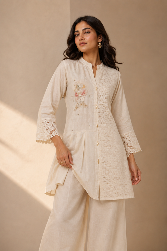 Light Beige Khadi Cotton Embroidered  Coord Set