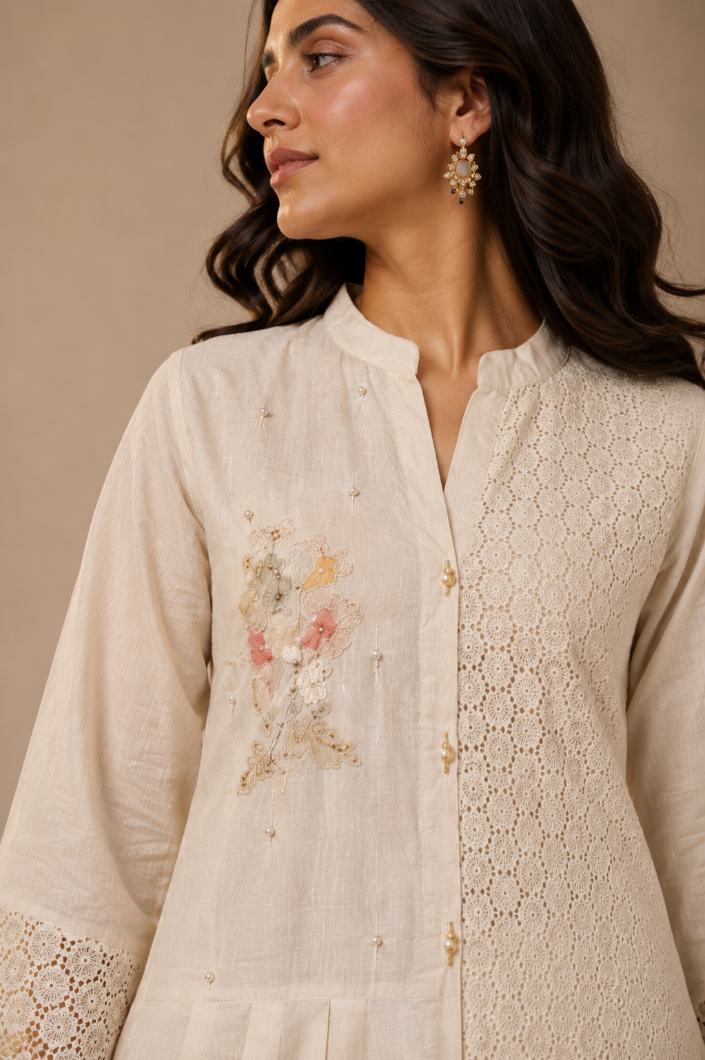 Light Beige Khadi Cotton Embroidered  Coord Set