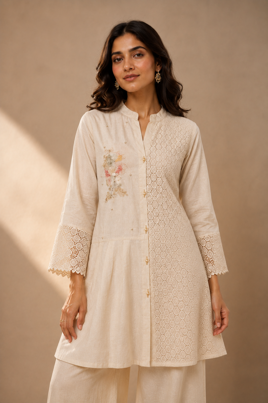Light Beige Khadi Cotton Embroidered  Coord Set