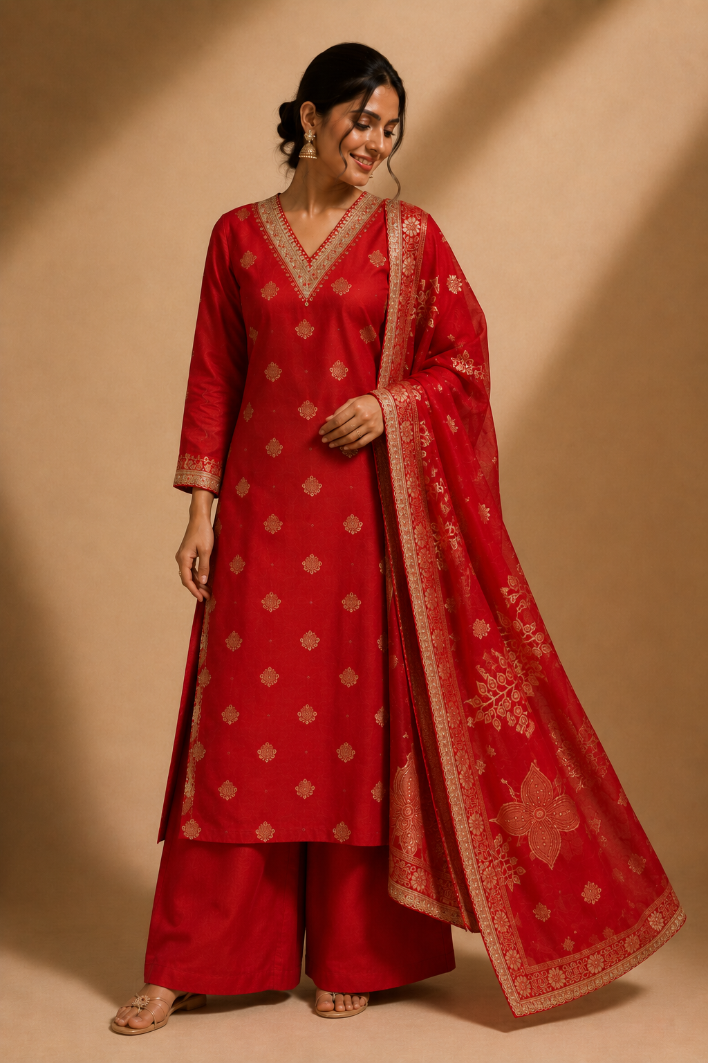 Red Embroidered Kurta Palazzo Set with Dupatta