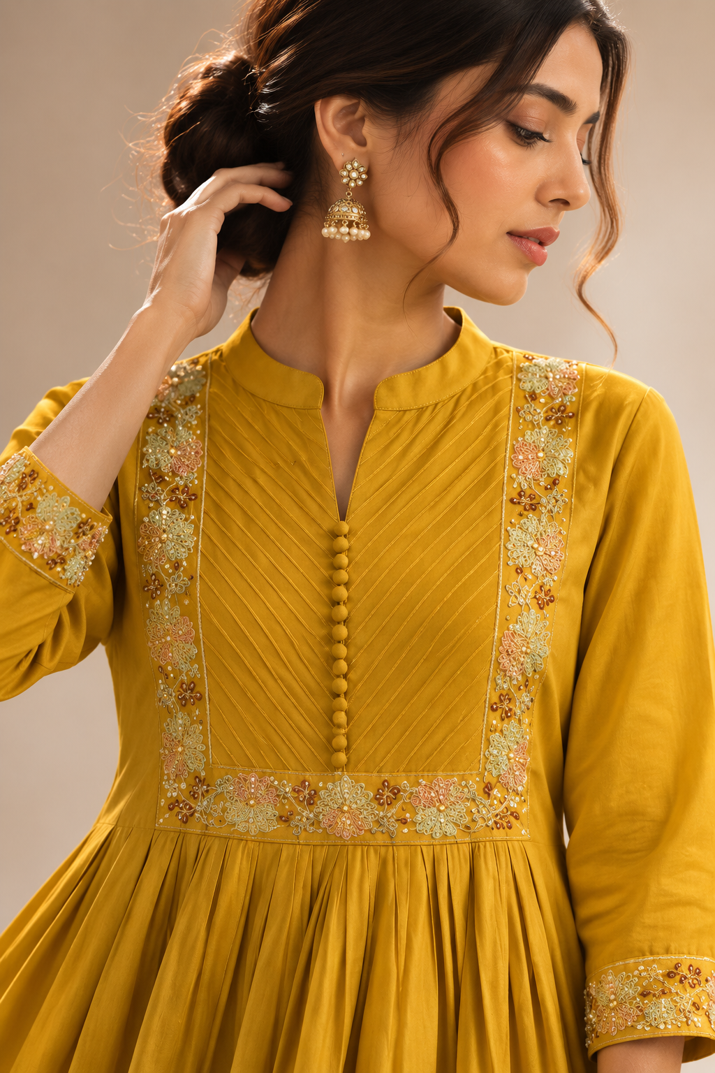 Mustard Yellow Embroidered Anarkali Kurta Palazzo Set