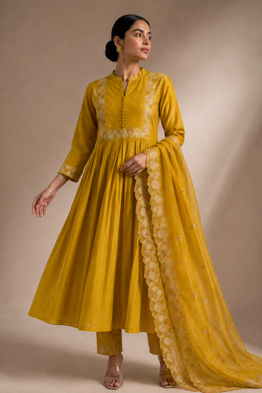 Mustard Yellow Embroidered Anarkali Kurta Palazzo Set
