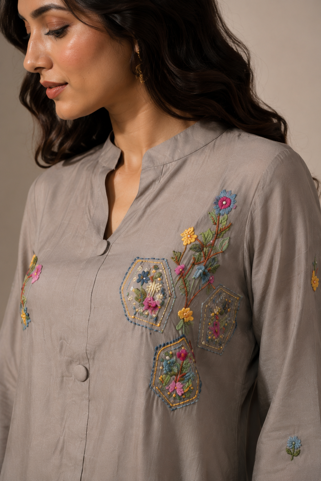 Embroidered Beige Grey Chanderi Co-ord Set