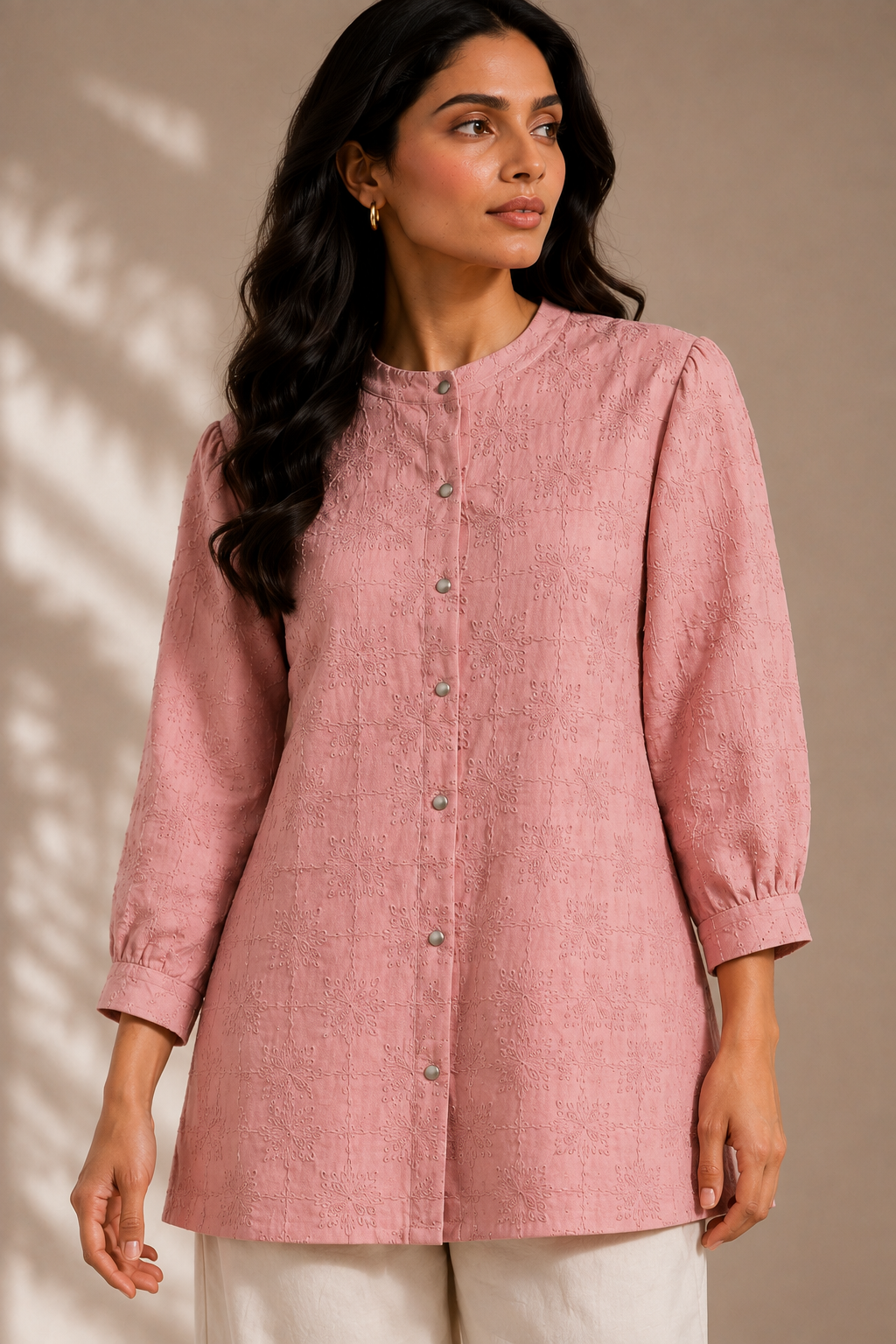 Dusty Rose Embroidered Cotton Short Tunic