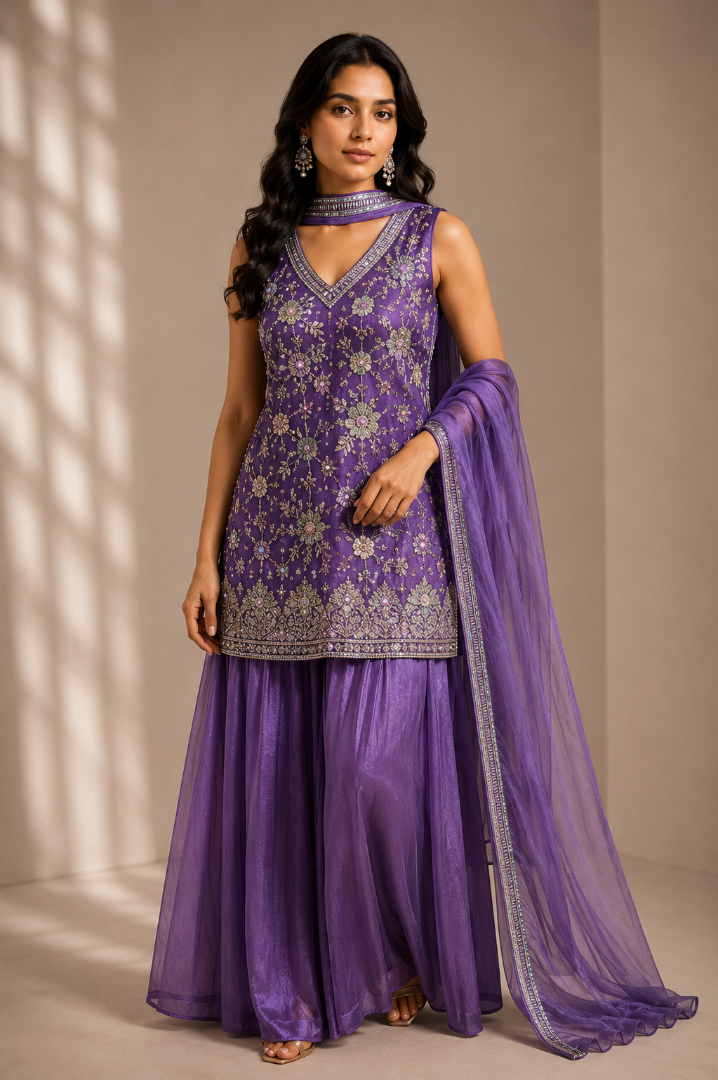 Royal Purple Embroidered Kurta Set with Palazzo & Dupatta