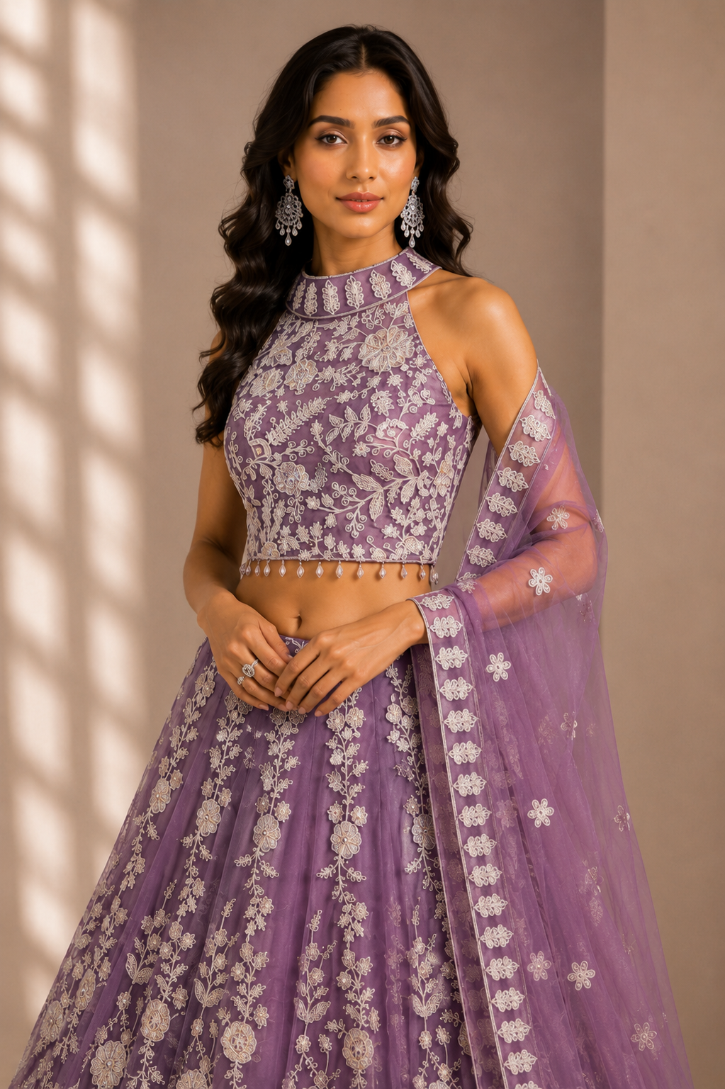 Designer Embroidered Halter Neck Lehenga Set with Net Dupatta – Mauve Purple