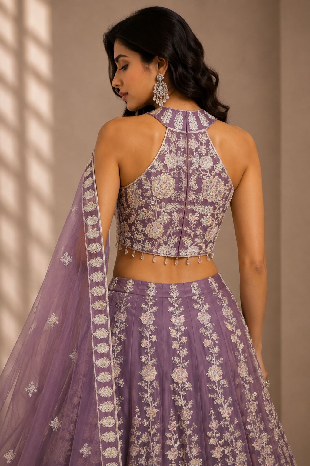 Designer Embroidered Halter Neck Lehenga Set with Net Dupatta – Mauve Purple
