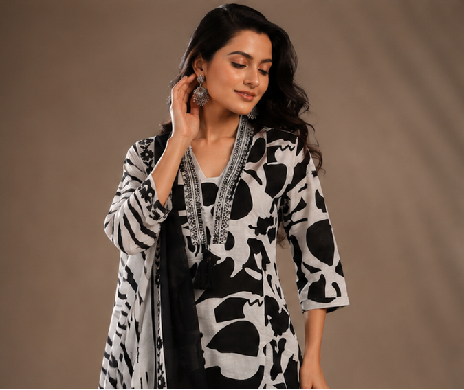 Black and White Printed Kurti Pant set with Dupatta