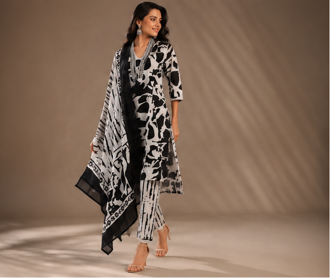 Black and White Printed Kurti Pant set with Dupatta