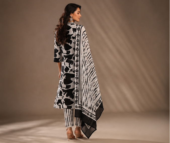 Black and White Printed Kurti Pant set with Dupatta