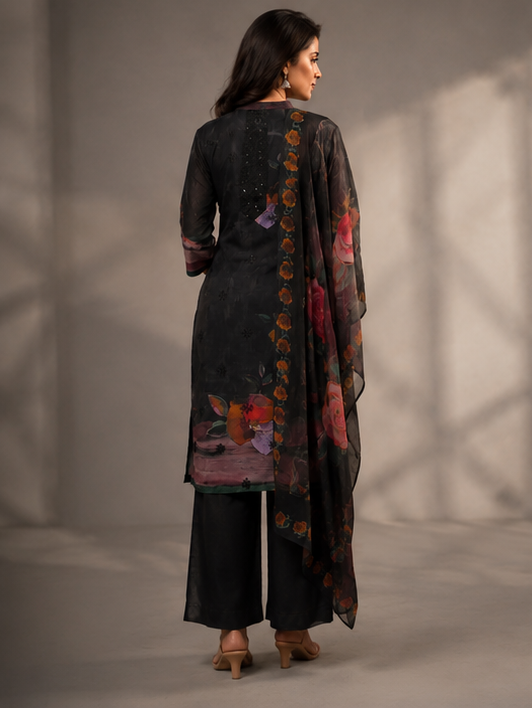 Midnight Bloom Floral Kurti Pant Set with Dupatta