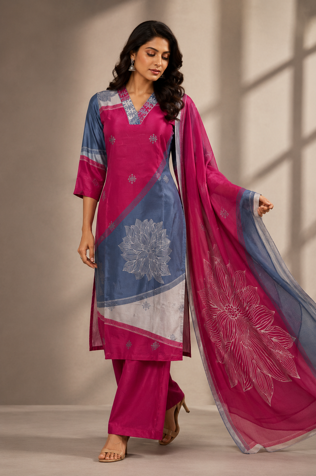 Blush Bloom Printed Kurti Pant Set with Dupatta