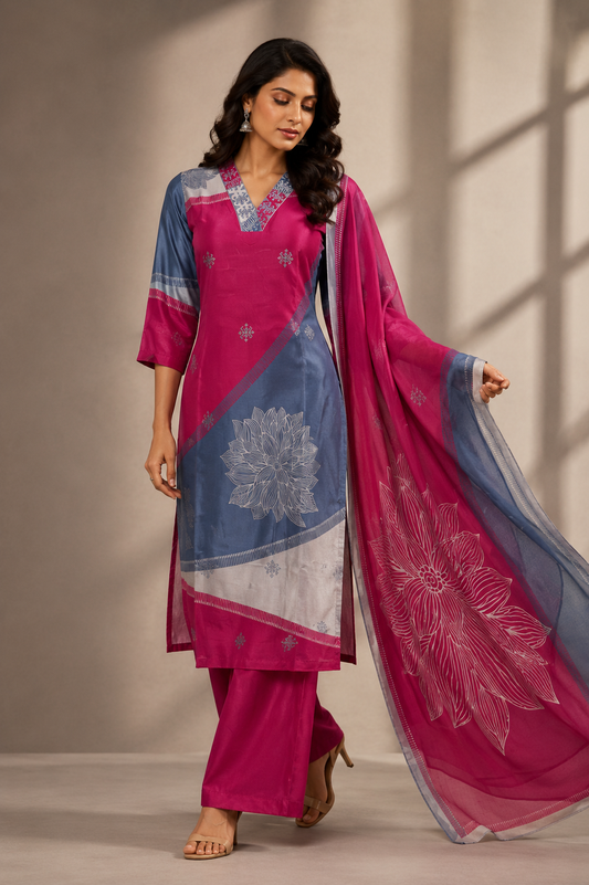 Blush Bloom Printed Kurti Pant Set with Dupatta