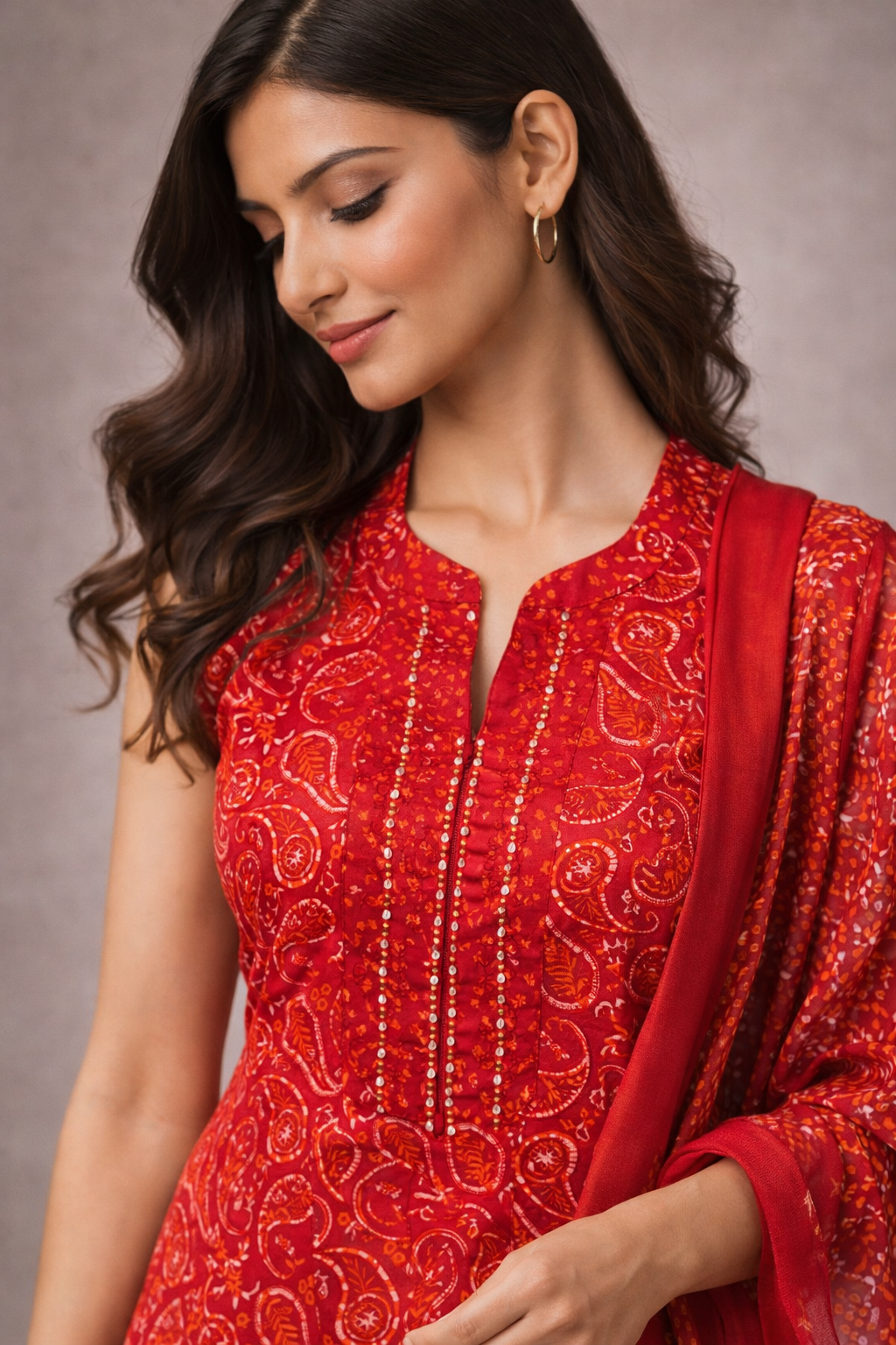 Red Paisley Printed Kurta Set with Dupatta