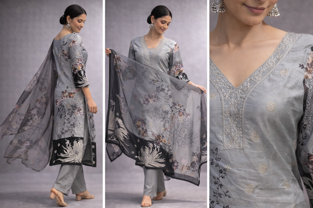 Silver Bloom Floral Kurti Pant Set with Dupatta