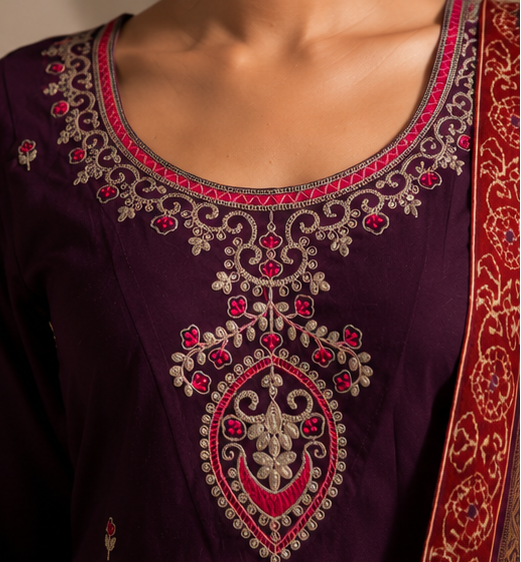 close-up views of the fabric and embroidery.