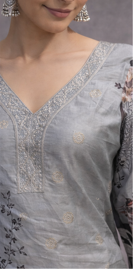 Woman wearing a light gray traditional outfit with floral patterns, standing against a neutral background.