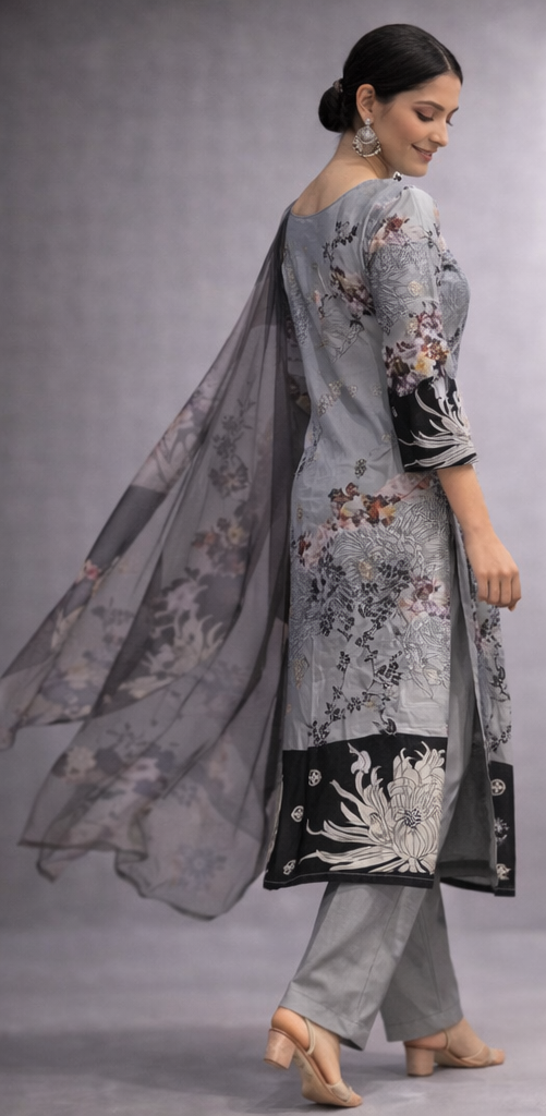 Woman wearing a light gray traditional outfit with floral patterns, standing against a neutral background.