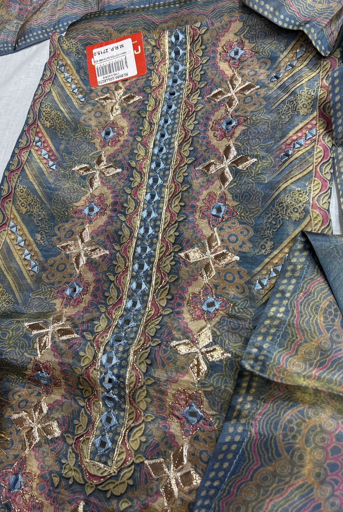 Blue Printed Unstitched Suit Set with Mirror Work Neckline & Solid Bottom