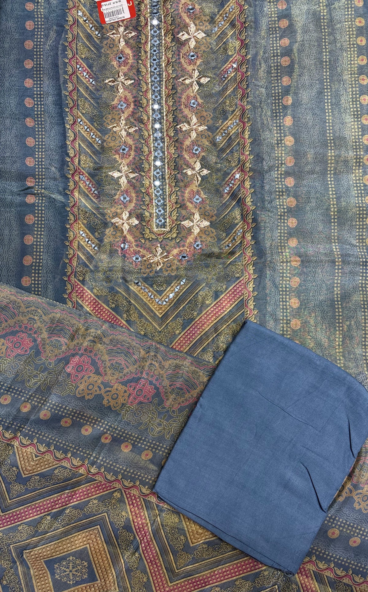 Blue Printed Unstitched Suit Set with Mirror Work Neckline & Solid Bottom