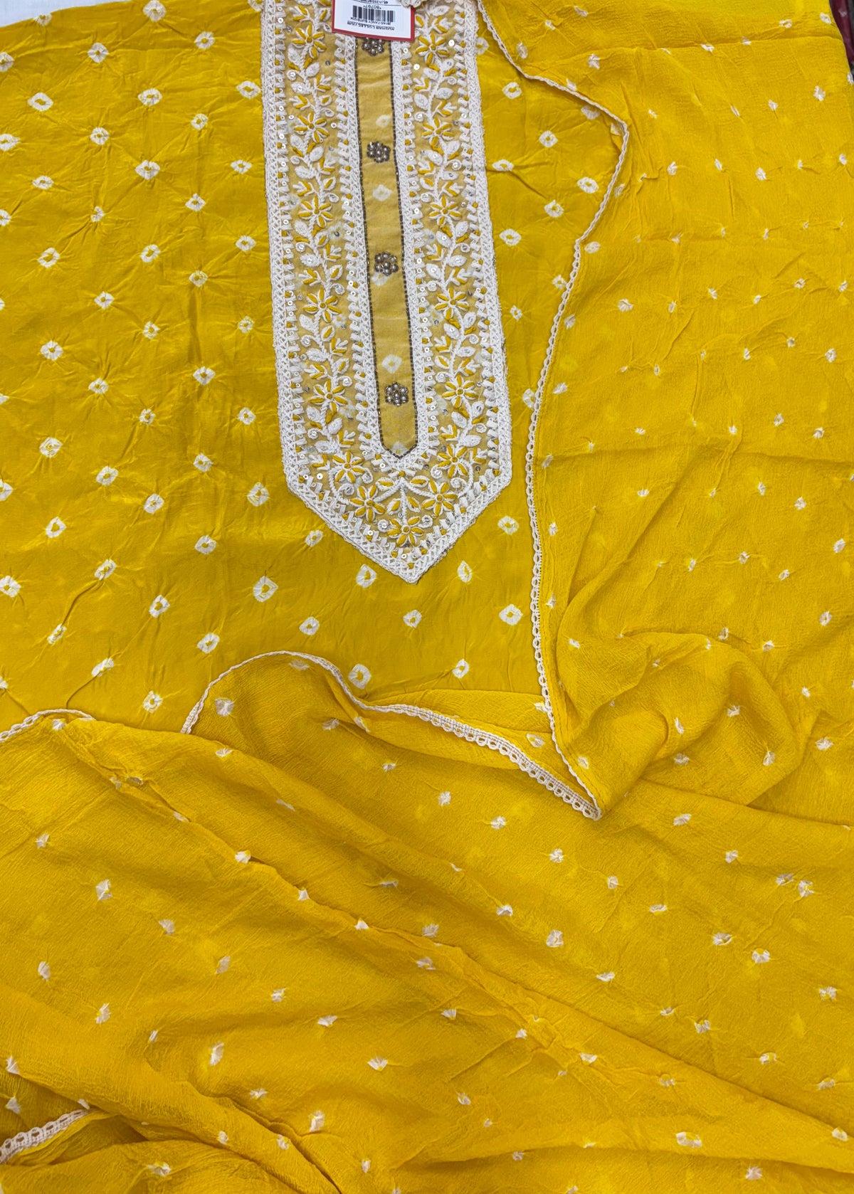 Sunshine Yellow Bandhani Embroidered Unstitched Suit Set with Dupatta