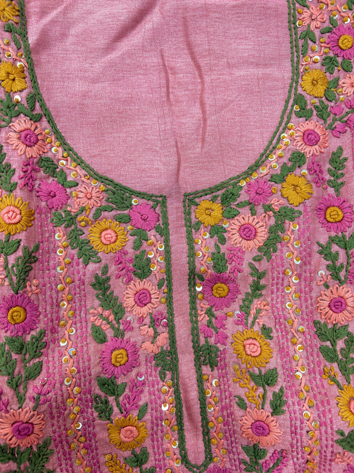 Blush Pink Floral Embroidered Unstitched Suit Set with Printed Dupatta