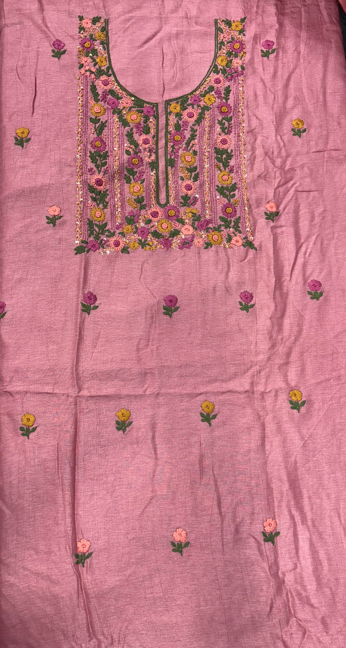 Blush Pink Floral Embroidered Unstitched Suit Set with Printed Dupatta