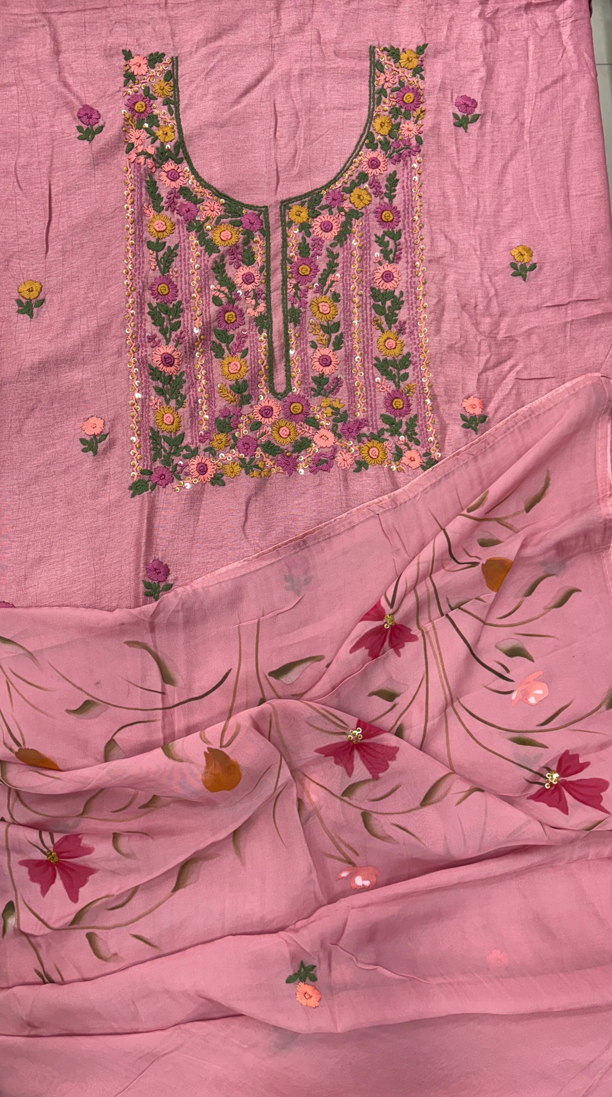 Blush Pink Floral Embroidered Unstitched Suit Set with Printed Dupatta