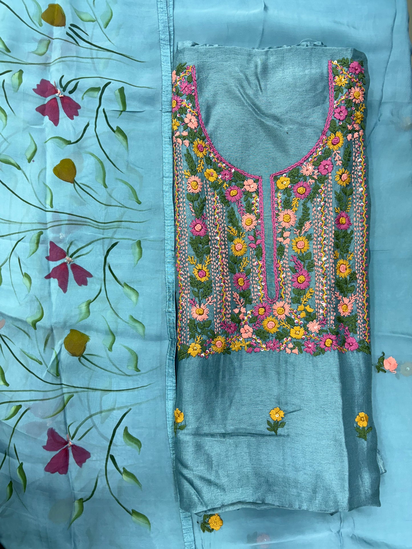 Blush Pink Floral Embroidered Unstitched Suit Set with Printed Dupatta