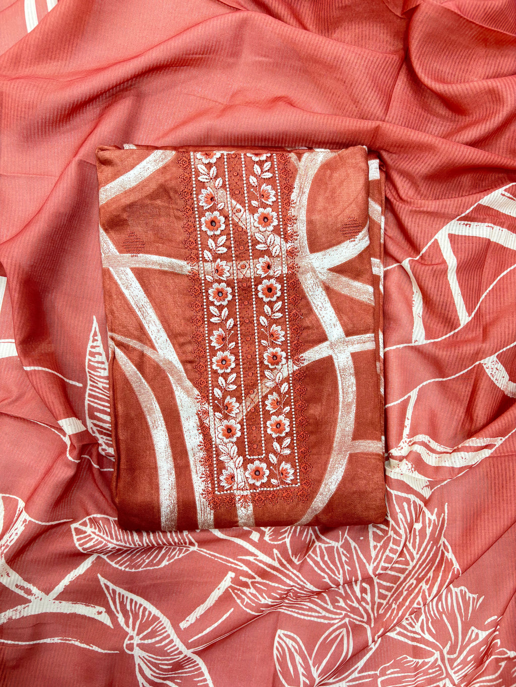 Embroidered Floral Print Unstitched Suit Set