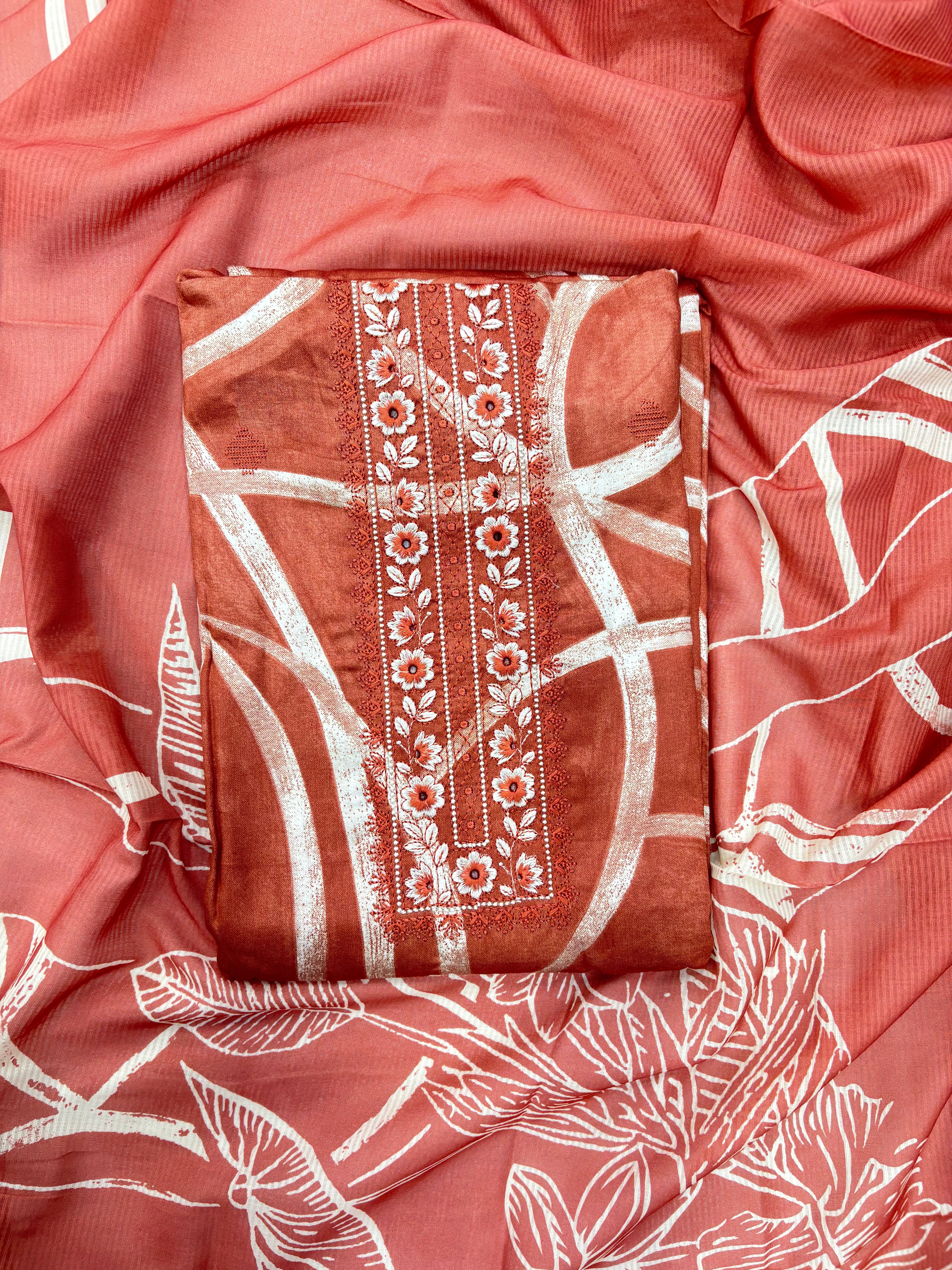 Embroidered Floral Print Unstitched Suit Set
