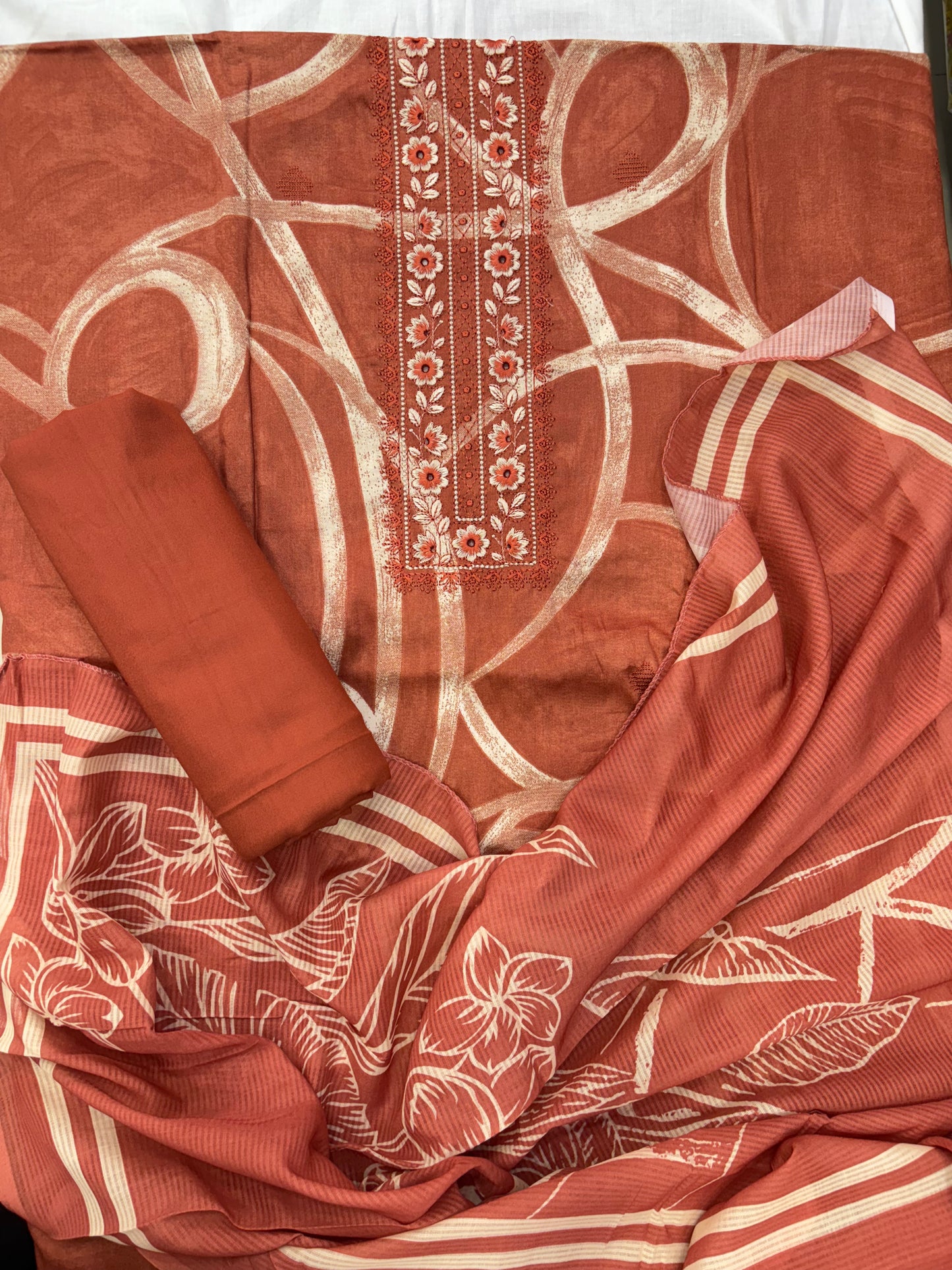 Embroidered Floral Print Unstitched Suit Set