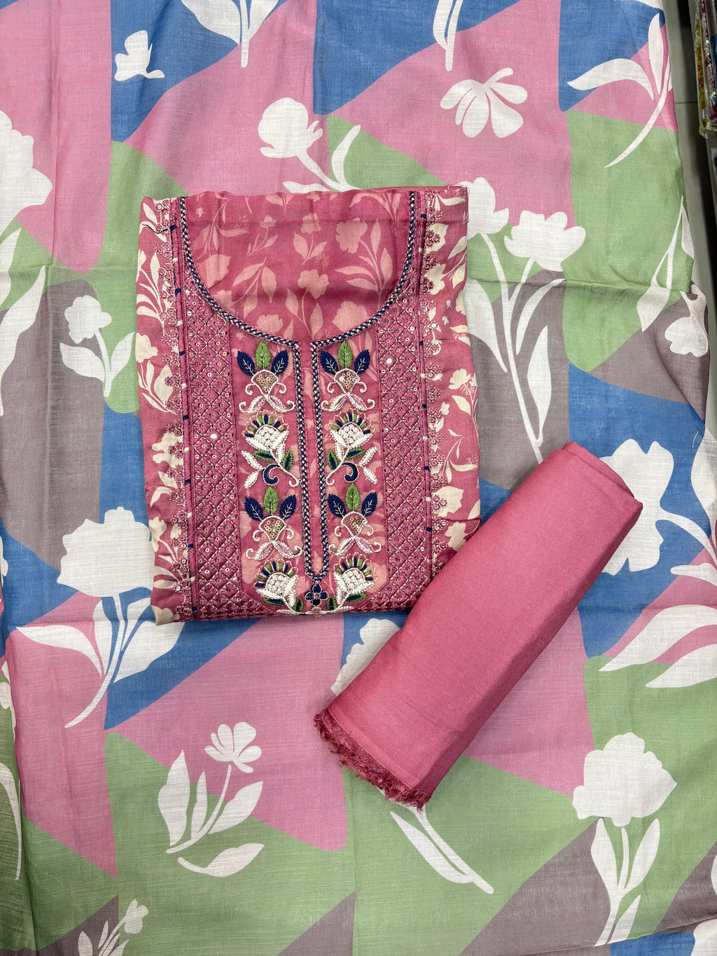 Floral Printed Cotton Unstitched Suit with Embroidered Neck