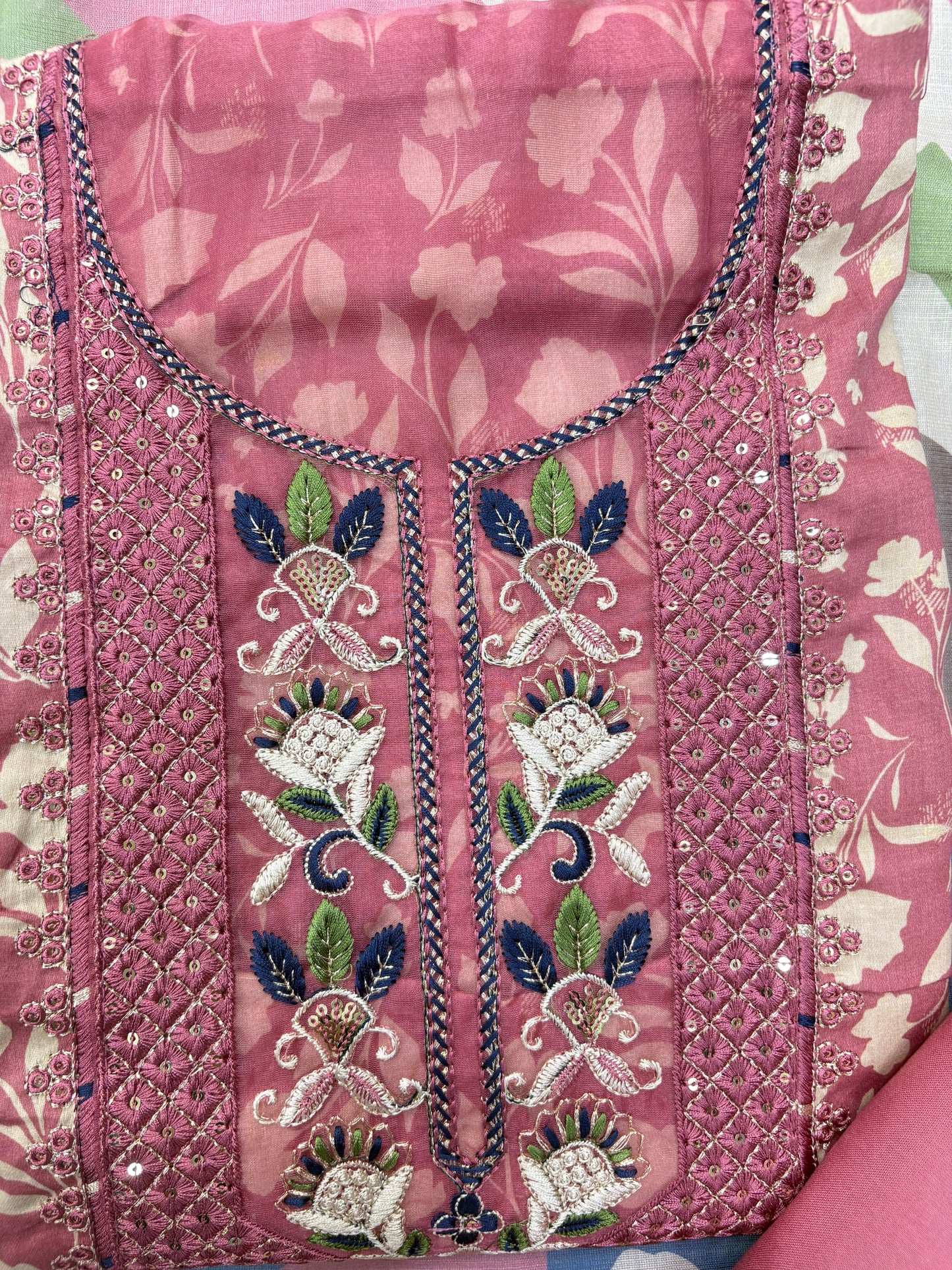 Floral Printed Cotton Unstitched Suit with Embroidered Neck