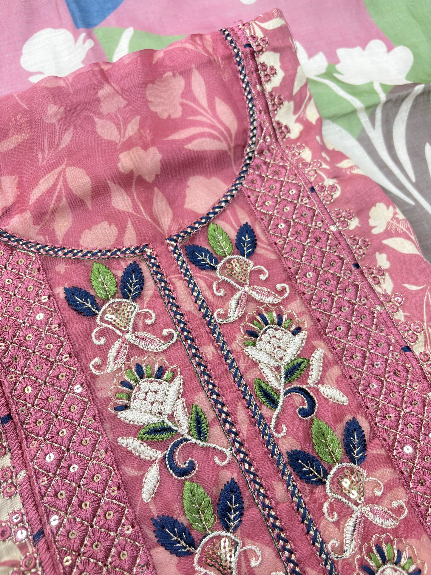 Floral Printed Cotton Unstitched Suit with Embroidered Neck