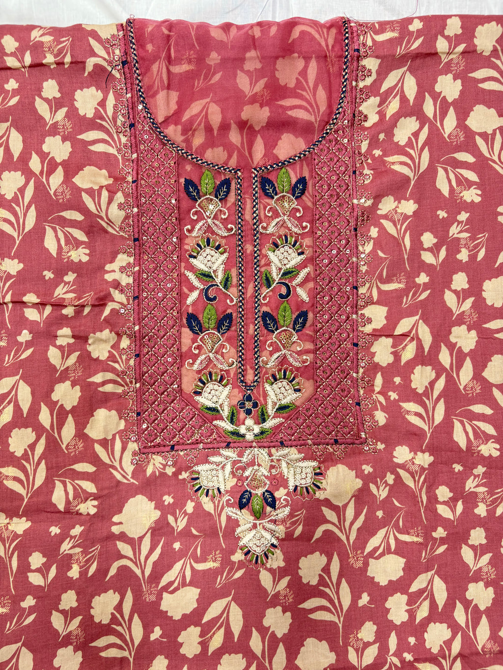 Floral Printed Cotton Unstitched Suit with Embroidered Neck