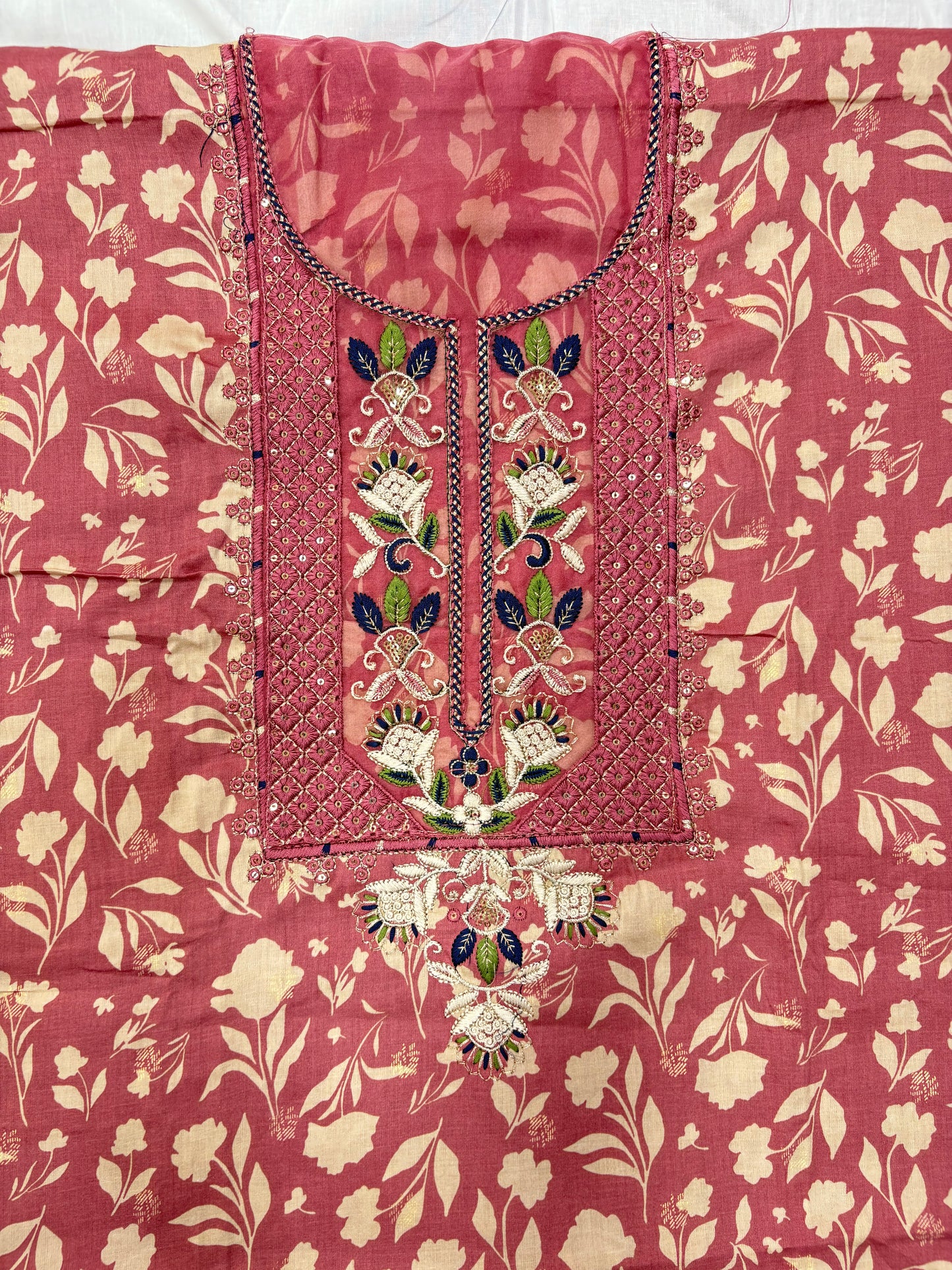 Floral Printed Cotton Unstitched Suit with Embroidered Neck