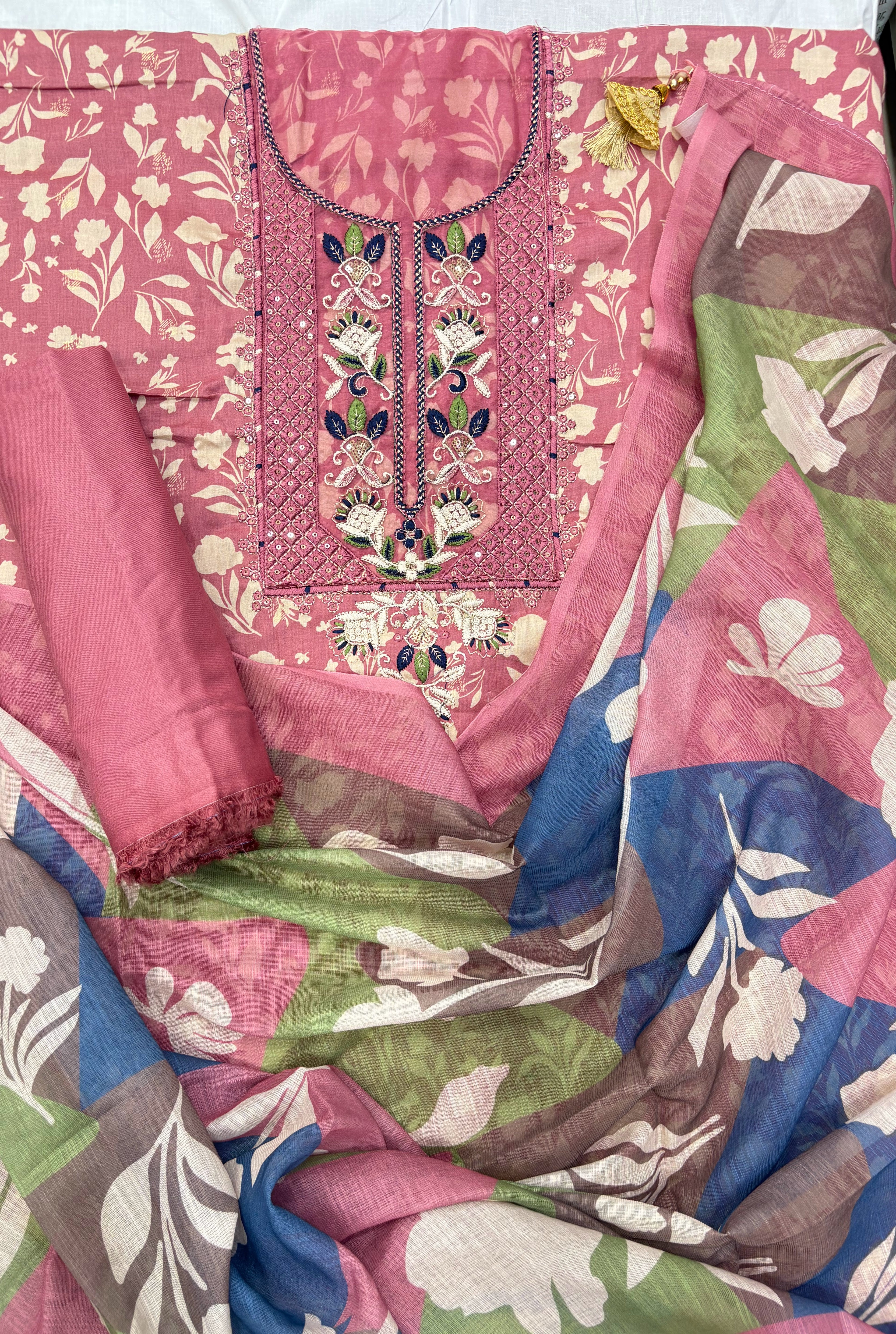 Floral Printed Cotton Unstitched Suit with Embroidered Neck