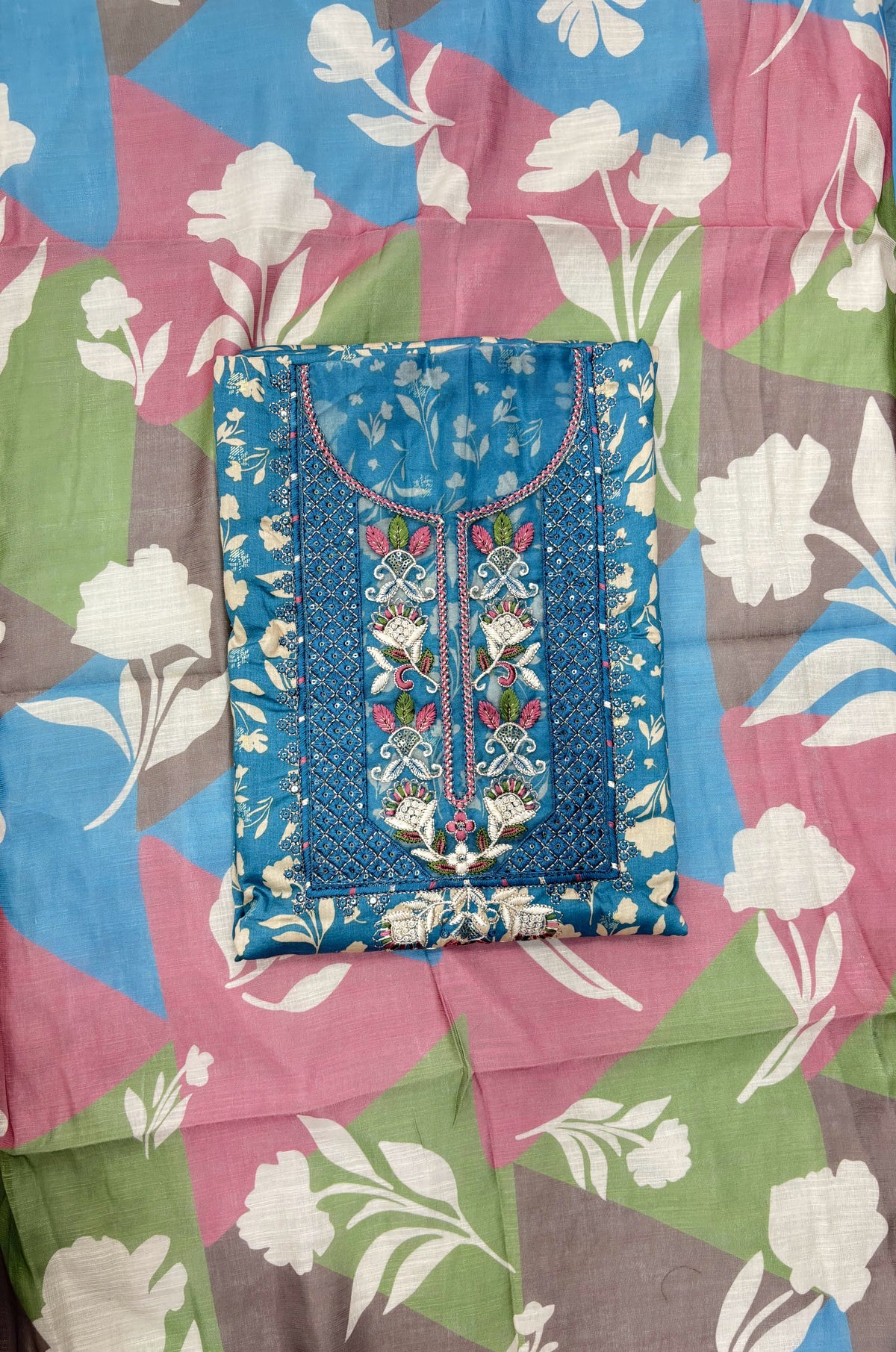 Floral Printed Cotton Unstitched Suit with Embroidered Neck