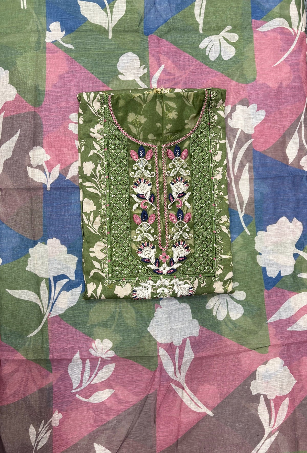 Floral Printed Cotton Unstitched Suit with Embroidered Neck