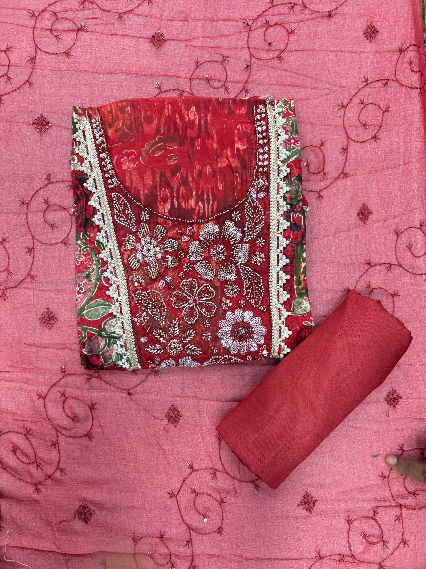 Rust Red Floral Printed Unstitched Suit Set with Handwork & Embroidered Chiffon Dupatta
