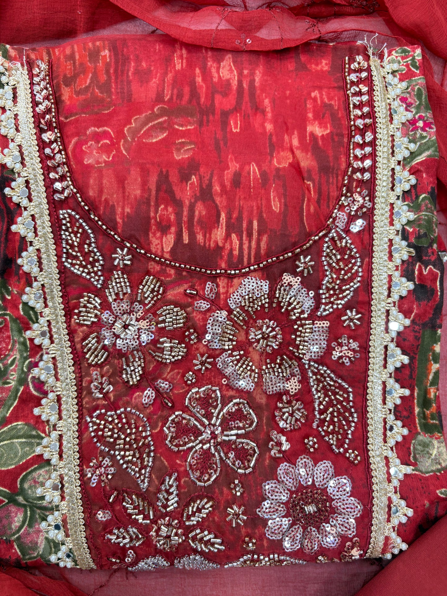 Rust Red Floral Printed Unstitched Suit Set with Handwork & Embroidered Chiffon Dupatta