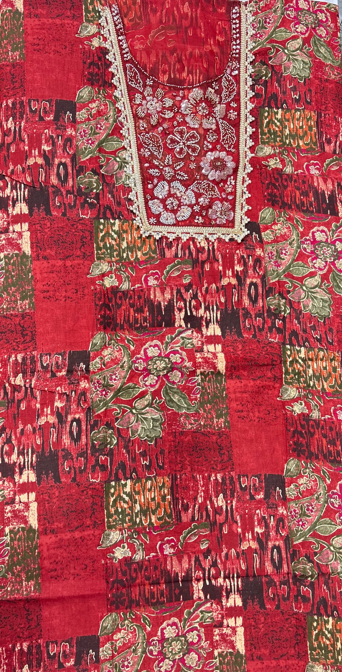 Rust Red Floral Printed Unstitched Suit Set with Handwork & Embroidered Chiffon Dupatta