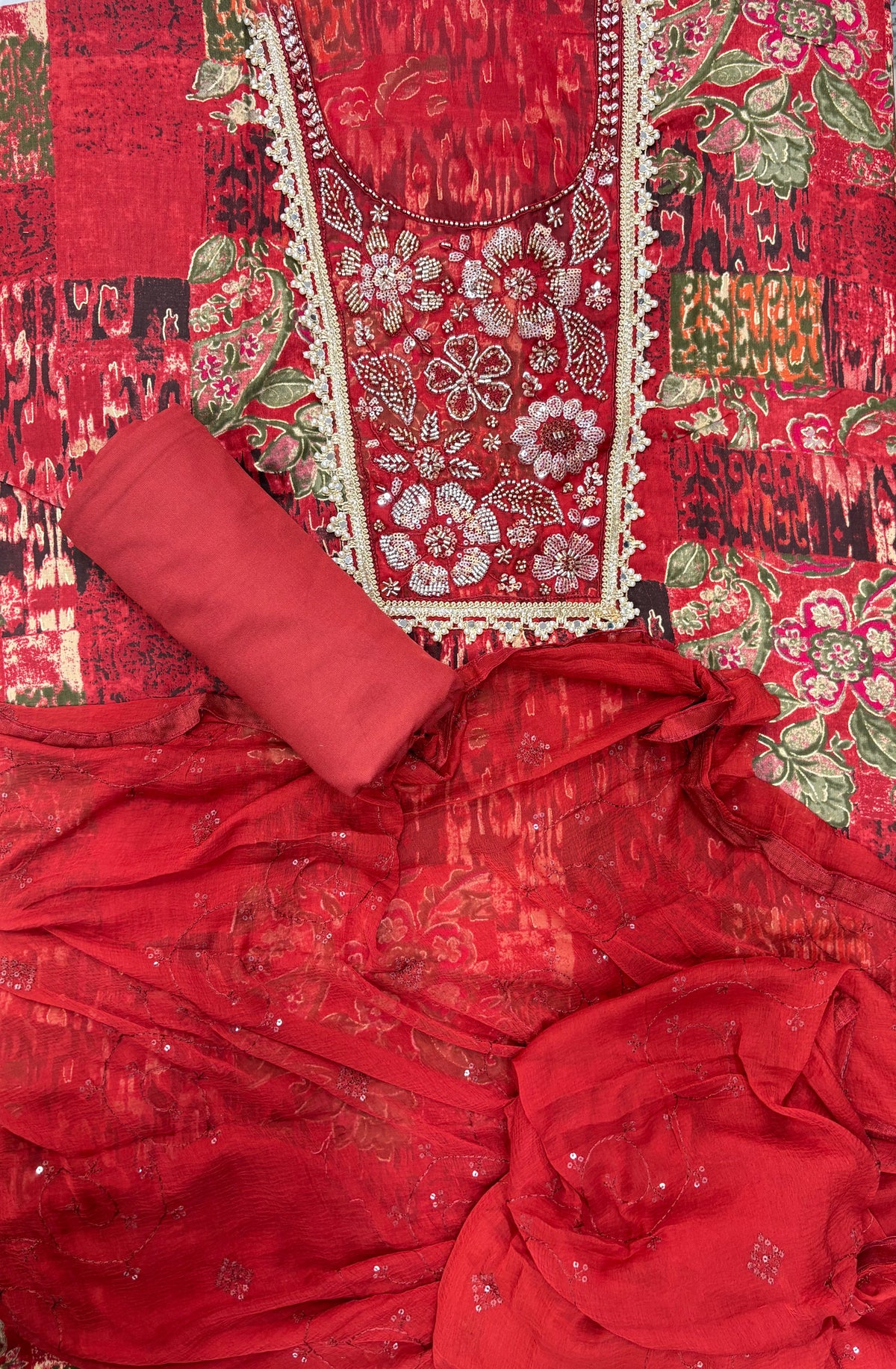 Rust Red Floral Printed Unstitched Suit Set with Handwork & Embroidered Chiffon Dupatta