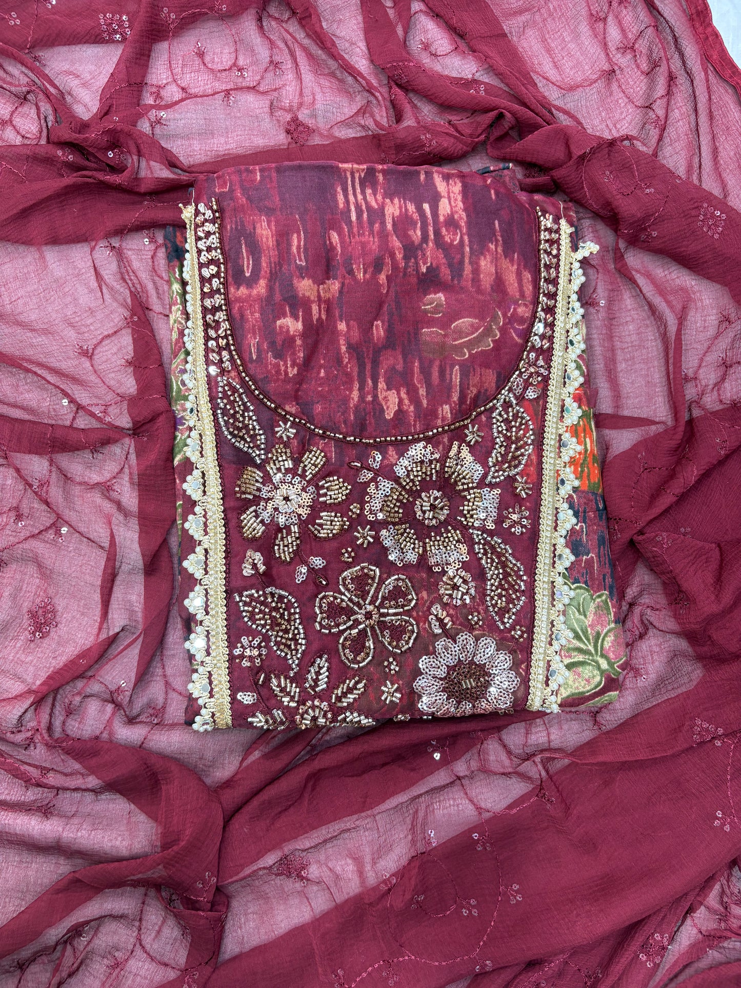 Rust Red Floral Printed Unstitched Suit Set with Handwork & Embroidered Chiffon Dupatta
