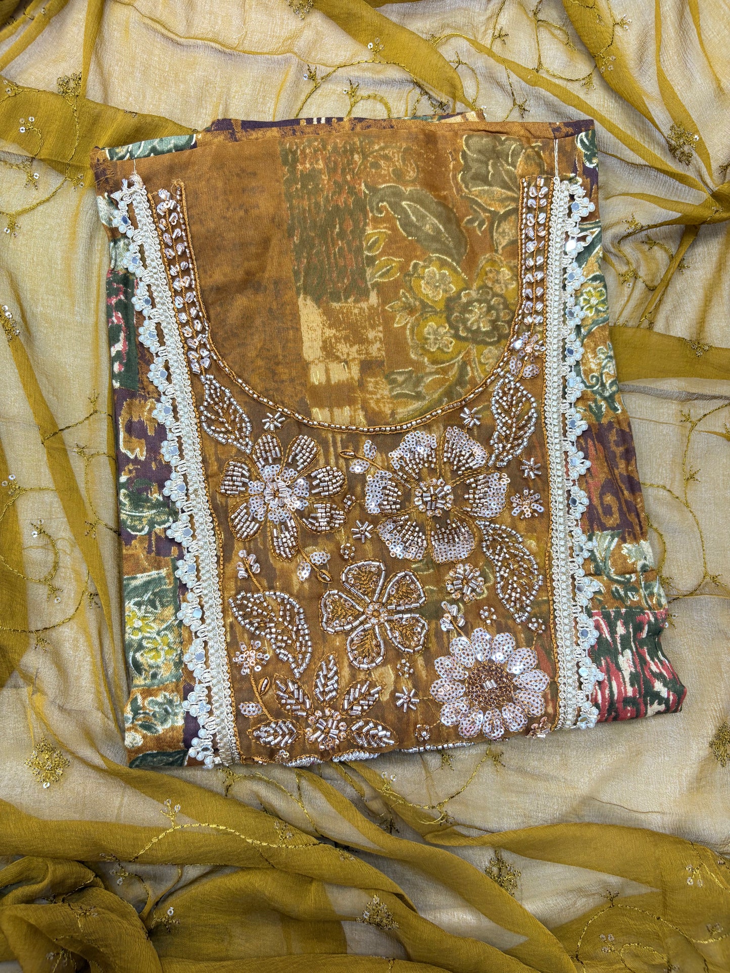 Rust Red Floral Printed Unstitched Suit Set with Handwork & Embroidered Chiffon Dupatta