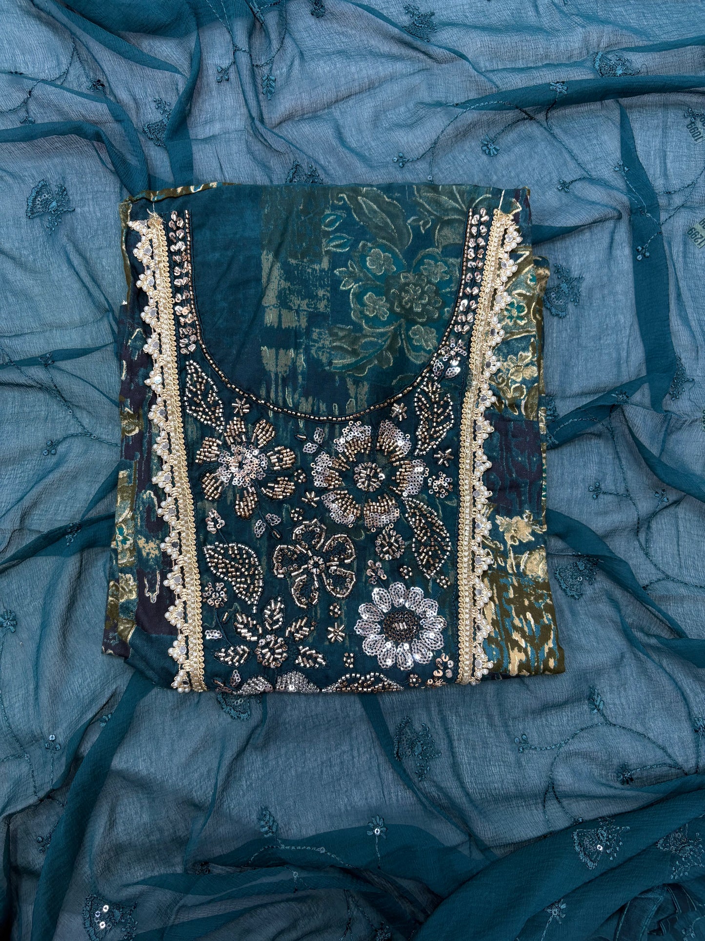 Rust Red Floral Printed Unstitched Suit Set with Handwork & Embroidered Chiffon Dupatta