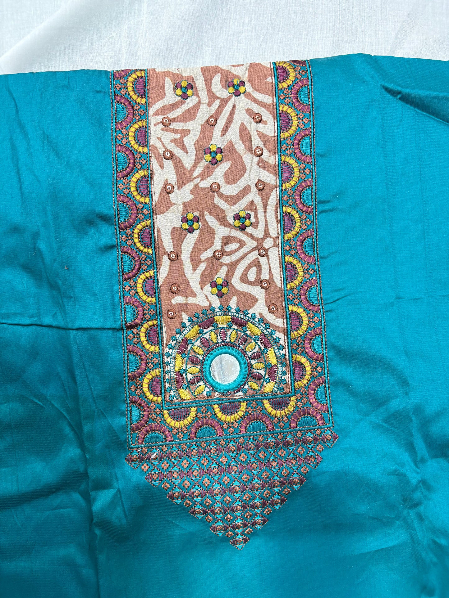 Teal Blue Cotton Embroidered Unstitched Suit Set with Printed Dupatta